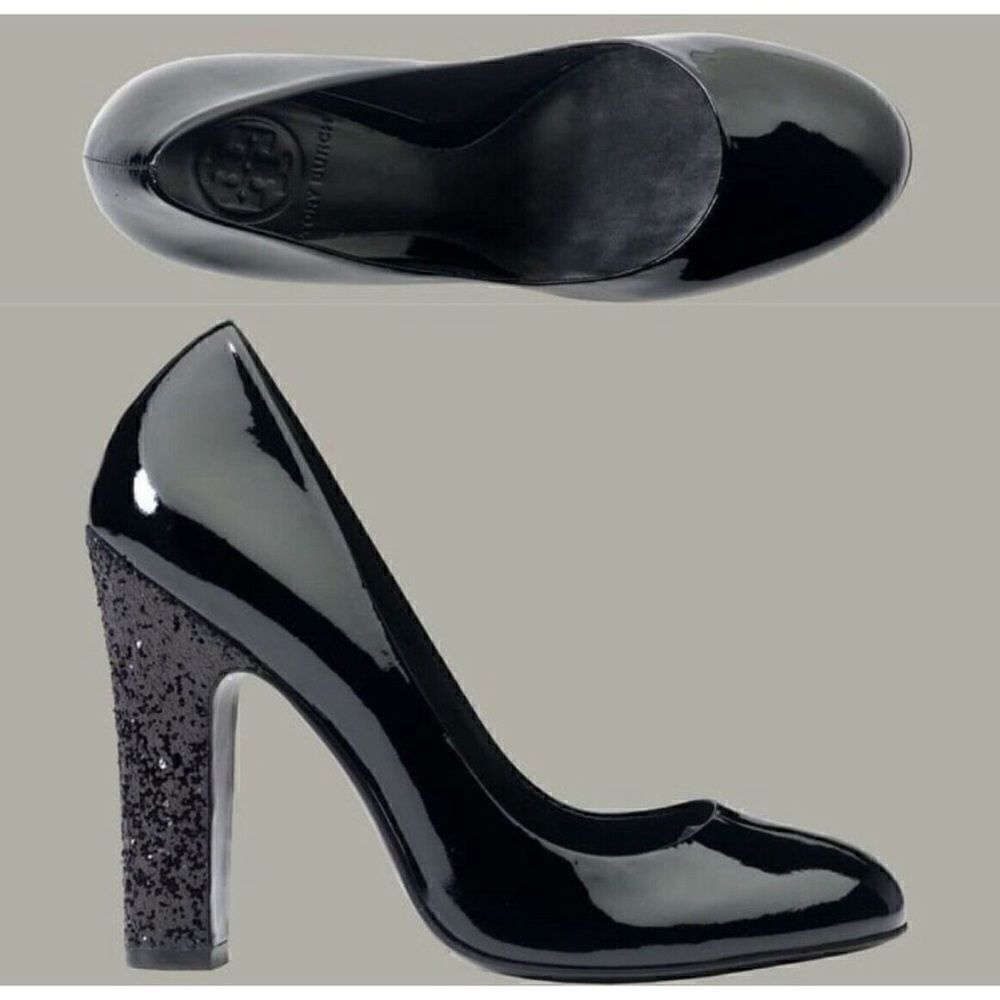 Tory Burch  Colin Patent Leather Black Glitter Pumps Size 7.5